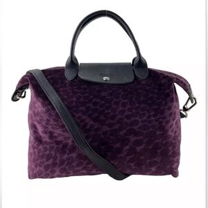 Longchamp Le Pliage model depose Roxo Original printed velvet leather strap tote